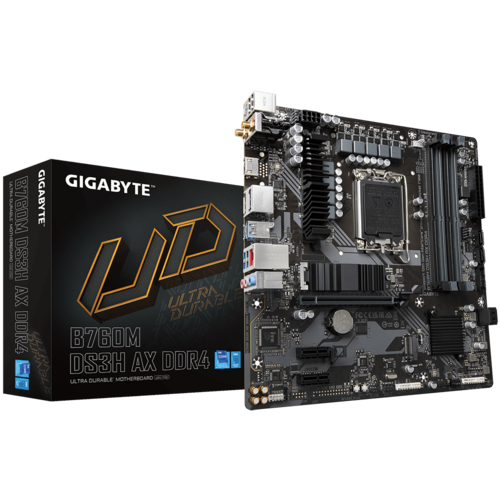 GIGABYTE B760M DS3H AX DDR4 (LGA 1700/ Intel/ B760/ M-ATX/ DDR4/ 2* M.2/ PCIe 4.0/ USB 3.2 Gen 2 Type-C/WiFi 6E/ 2.5GbE LAN/Q-Flash Plus/PCIe EZ-Latch/Gaming Motherboard)