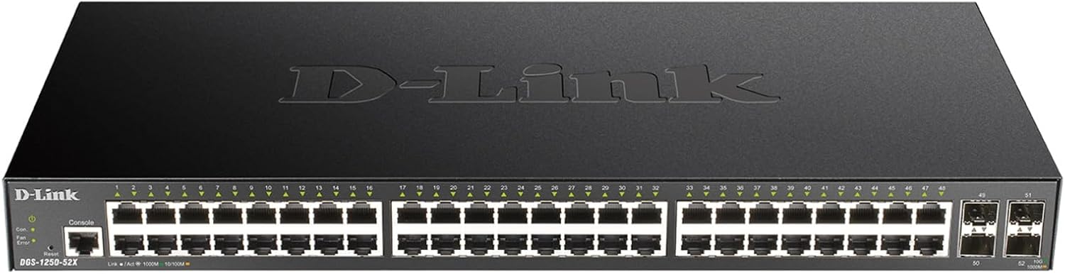 D-Link 52-Port Gigabit Smart Managed Switch | 48 Gigabit Ports + 4 10G SFP+ Ports| L2+/L3 Lite |VLANs |Web Managed |Surveillance Mode | Rackmount | NDAA Compliant (DGS-1250-52X-6KV)