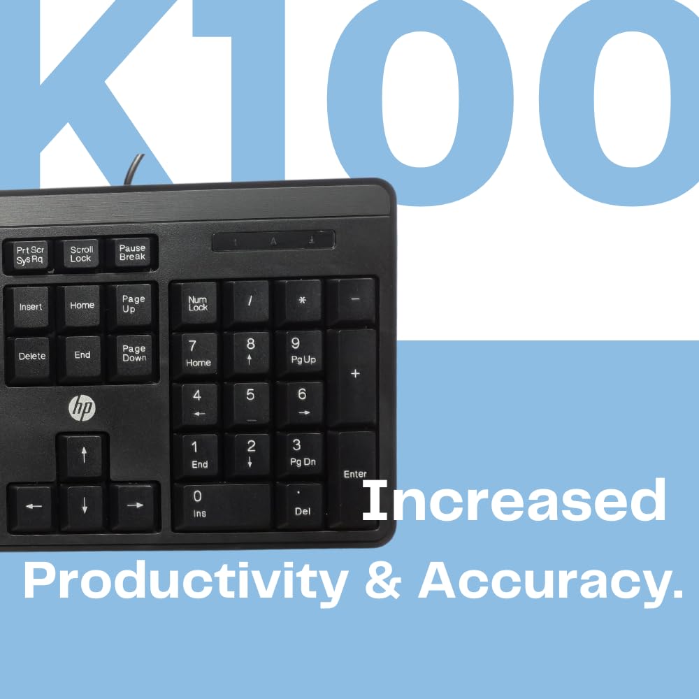 (Refurbished) HP K100 Wired Keyboard, Quick, Comfy and Accurate, USB Plug & Play Setup,LED Indicators(7J4G1AA)