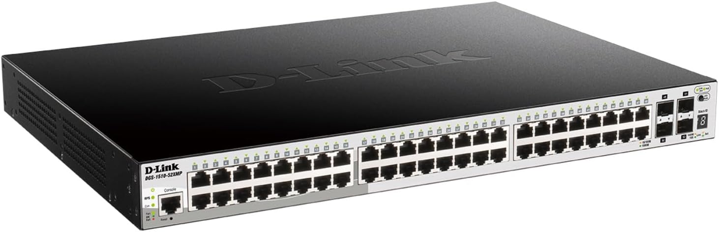 D-Link 52-Port Gigabit Stackable Smart Managed PoE+ Switch with 10G Uplinks | 48 PoE+ (740W) + 4 10GbE SFP+ Ports| L2+/L3 Lite |VLANs |Web Managed |Surveillance Mode | NDAA Compliant (DGS-1510-52XMP)