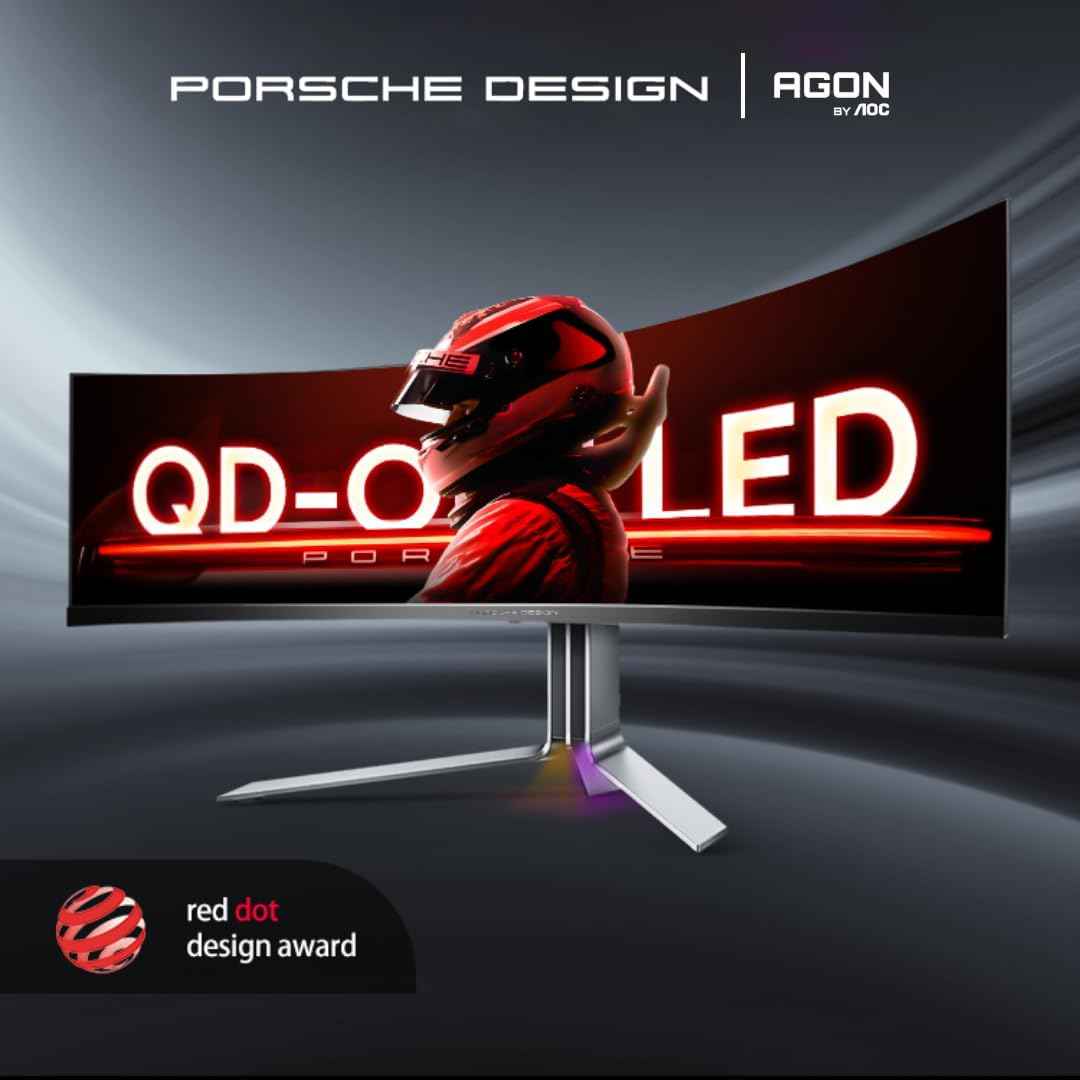 AOC PD49 Porsche Design 49" 5K DQHD QD-OLED Gaming Monitor, 240Hz Refresh Rate, HDR TrueBlack 400, 1800R Curve, 1000 Nits Brightness, USB-C, KVM, Speakers, Ergonomic Stand, Premium Build