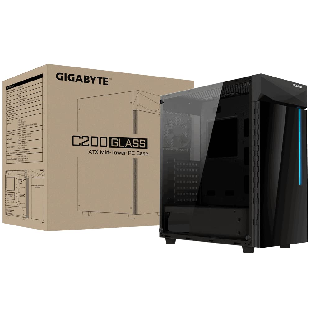 GIGABYTE C200G CASE with Tempered Side Glass Panel and Front RGB Light on Black Tempered Glass at Front Panel (133353)