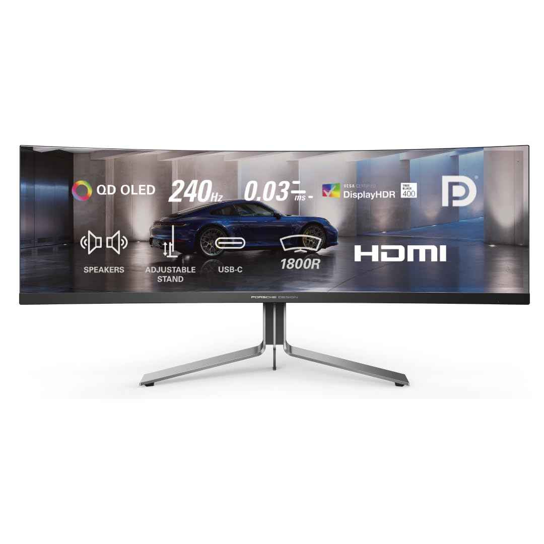 AOC PD49 Porsche Design 49" 5K DQHD QD-OLED Gaming Monitor, 240Hz Refresh Rate, HDR TrueBlack 400, 1800R Curve, 1000 Nits Brightness, USB-C, KVM, Speakers, Ergonomic Stand, Premium Build