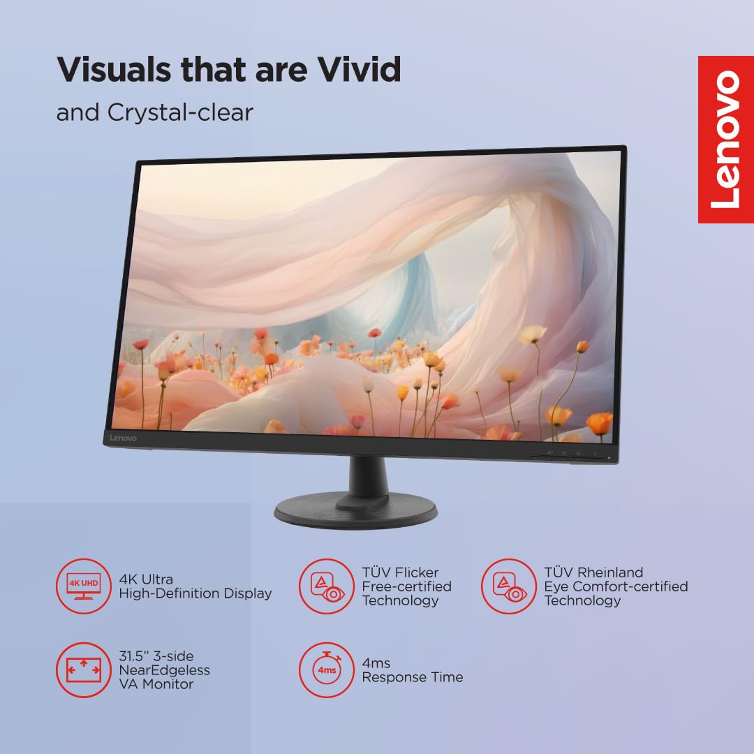 Lenovo D-Series 32 Inch (80Cm), LCD 3840X2160 Pixels 4K Monitor | 60Hz, 72% NTSC, 4Ms, 2Xhdmi 2.0, DP 1.2, Tilt Stand, VESA Mount: for Home & Office Use, 3 Year Warranty, Black, D32U-40