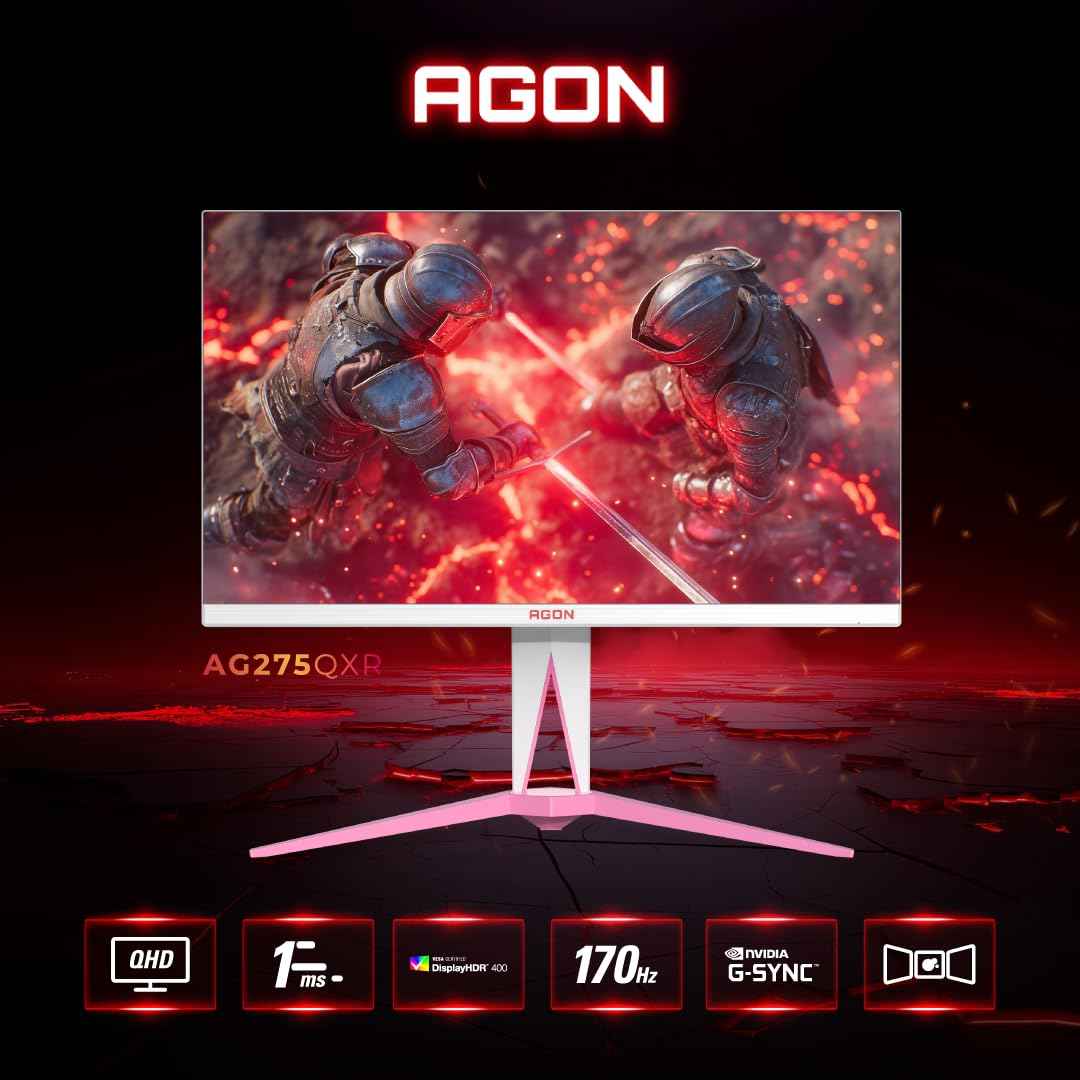 AOC AG275QXR 27" QHD White and Pink Gaming Monitor with Fast IPS, 170Hz Refresh Rate, 1ms, G-Sync Compatible, HDR400, Light FX Rear Illumination, Low Input Lag, Frame Less 3-Side Design, HDMI & DP