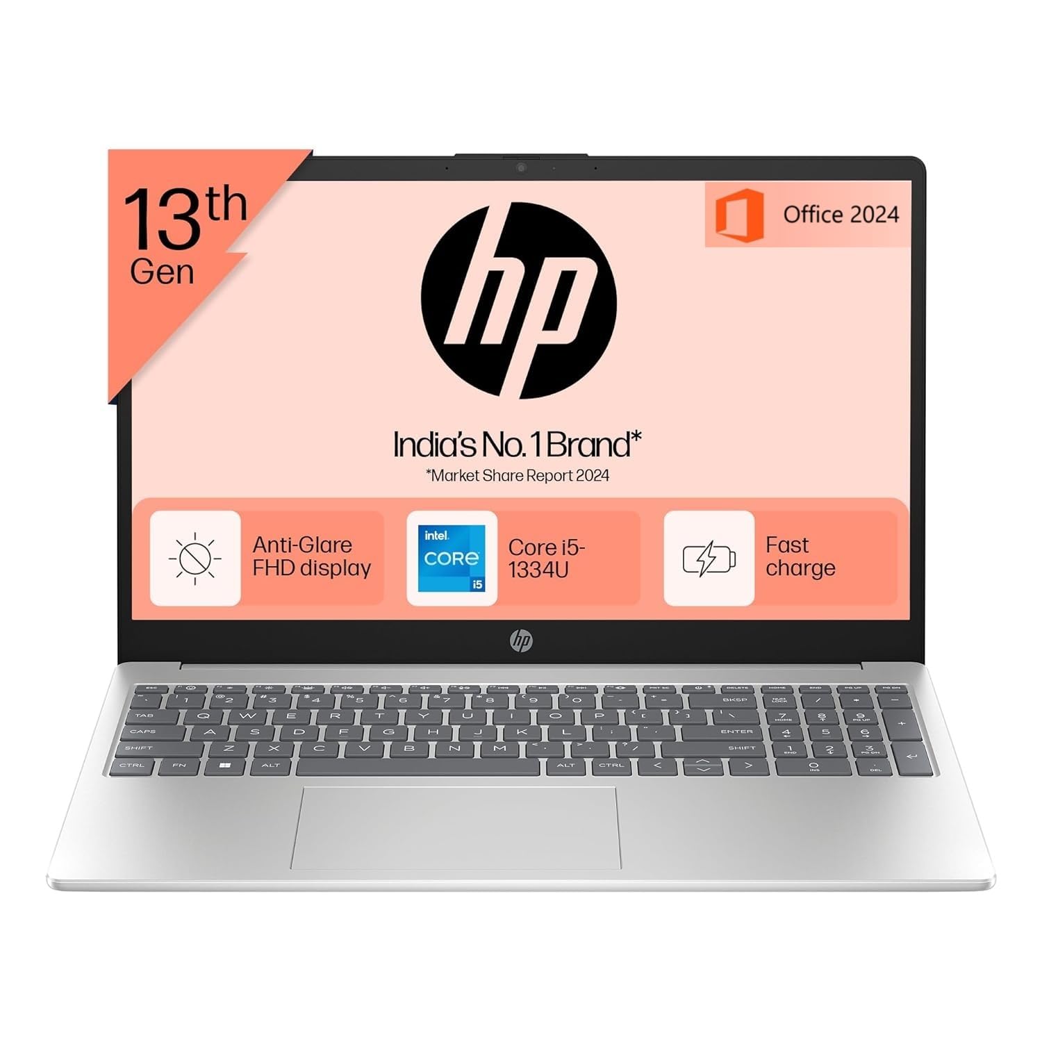 HP 15, 13th Gen Intel Core i5-1334U, 16GB DDR4, 512GB SSD (Win 11, Office 21, Silver, 1.59kg), Anti-Glare, 15.6-inch(39.6cm) FHD Laptop, Intel Iris Xe Graphics, Backlit KB, 1080p FHD Camera, fd0221TU
