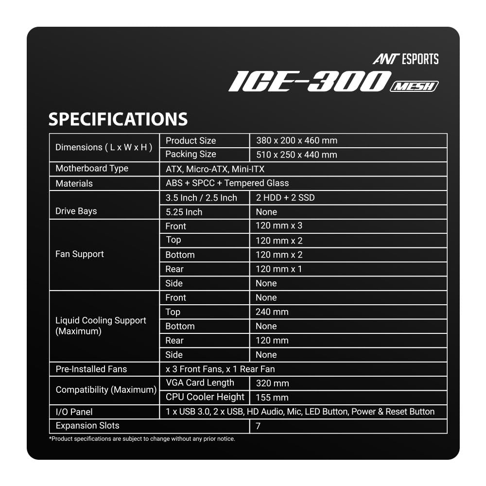 Ant Esports ICE-300 Mesh V2 Mid Tower Gaming Cabinet | High Airflow Mesh Front Panel | 4 Pre-Installed 120mm ARGB Fans | ATX, Micro-ATX, Mini-ITX Motherboard Support | Liquid Cooling Ready (Black)