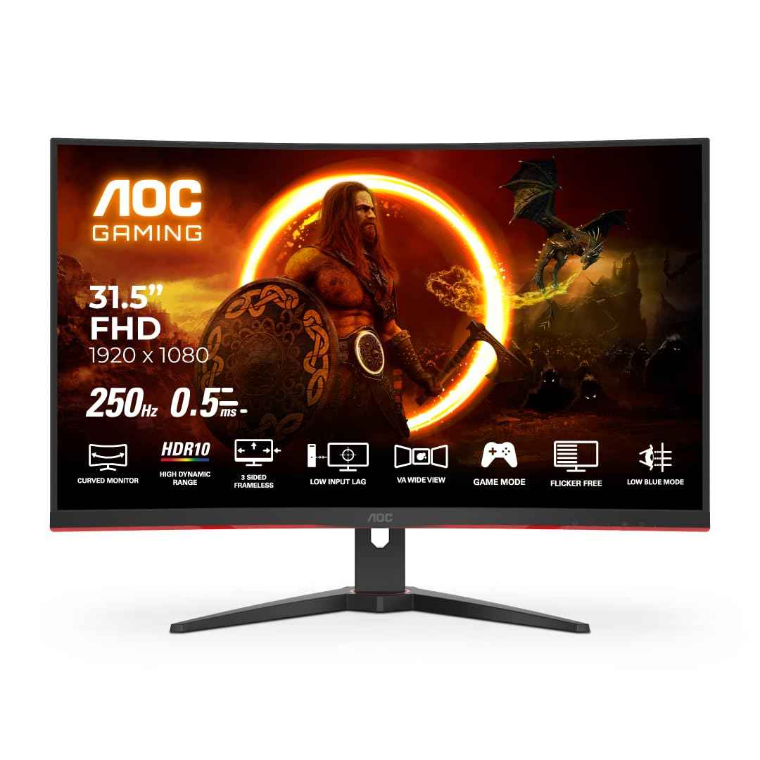 AOC C32G2ZE2 32" FHD 1500R Curved Gaming Monitor, 250Hz Refresh Rate, 0.5ms Response, HDR10, Adaptive Sync, VA Panel, Low Input Lag, HDMI/DP, Frameless Design, Flicker-Free, Low Blue Mode