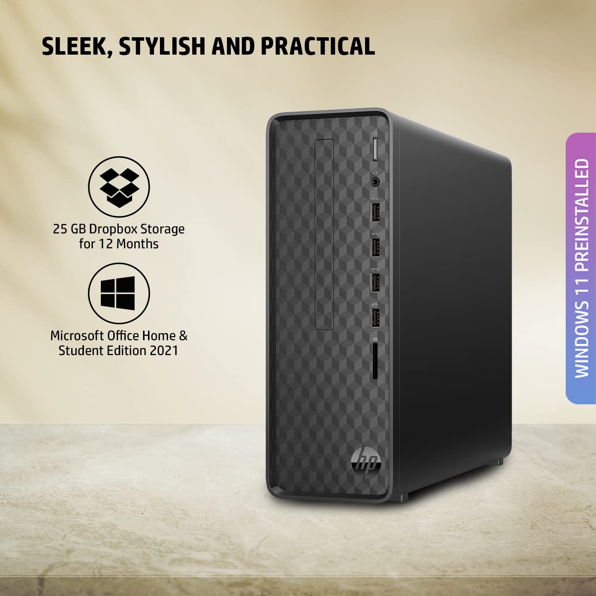 HP Slim Tower 12th Gen Intel Core i3-Processor:Intel Core i3-12100 (16GB RAM/512GB SSD/Black Wired Keyboard & Mouse/Intel UHD Graphics 730/Windows 11/MS Office 21/Dark Black), S01-pF2001in - Zapnet.in
