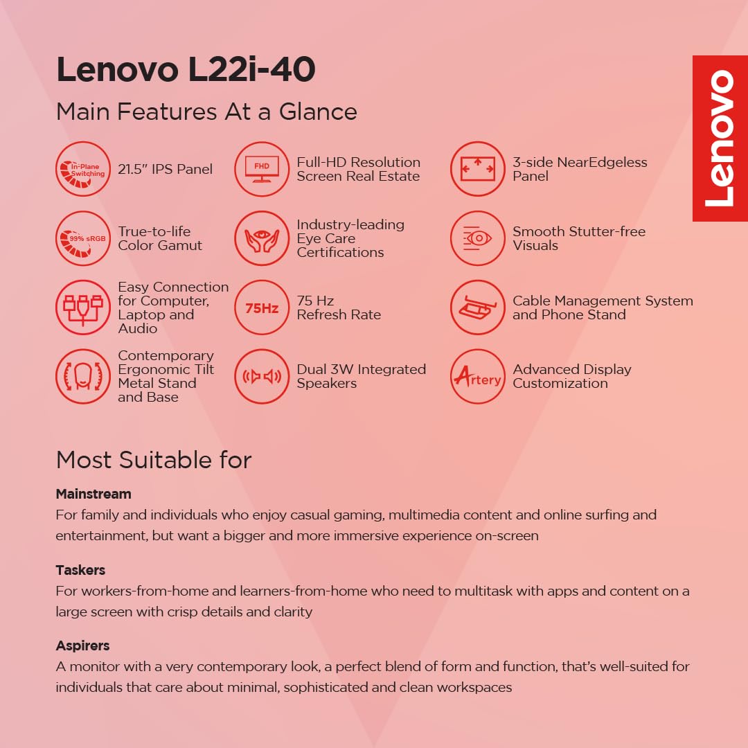 Lenovo L22i-40, 22 inch (54.6cm), IPS, FHD, 75Hz, Grey, 4ms, AMD FreeSync, 99% sRGB, 2X3W Speakers, HDMI 1.4, VGA, Tilt Stand, 3 Year Warranty Monitor
