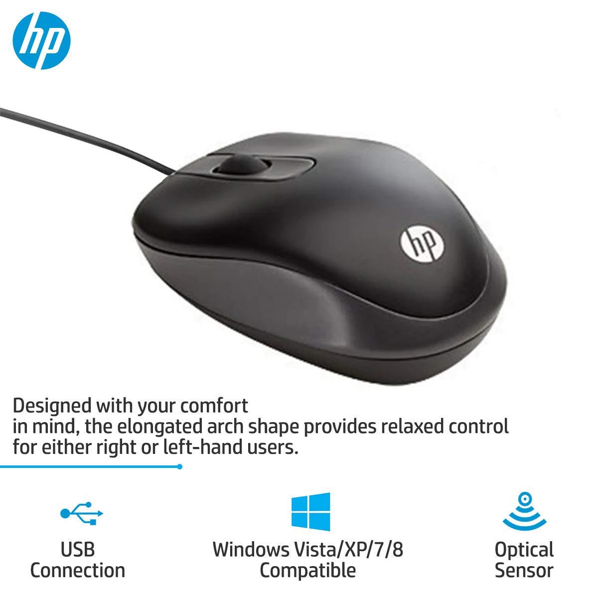 HP USB Travel Wired Mouse with 1000DPI and 3 programable Buttons (G1K28AA), Black