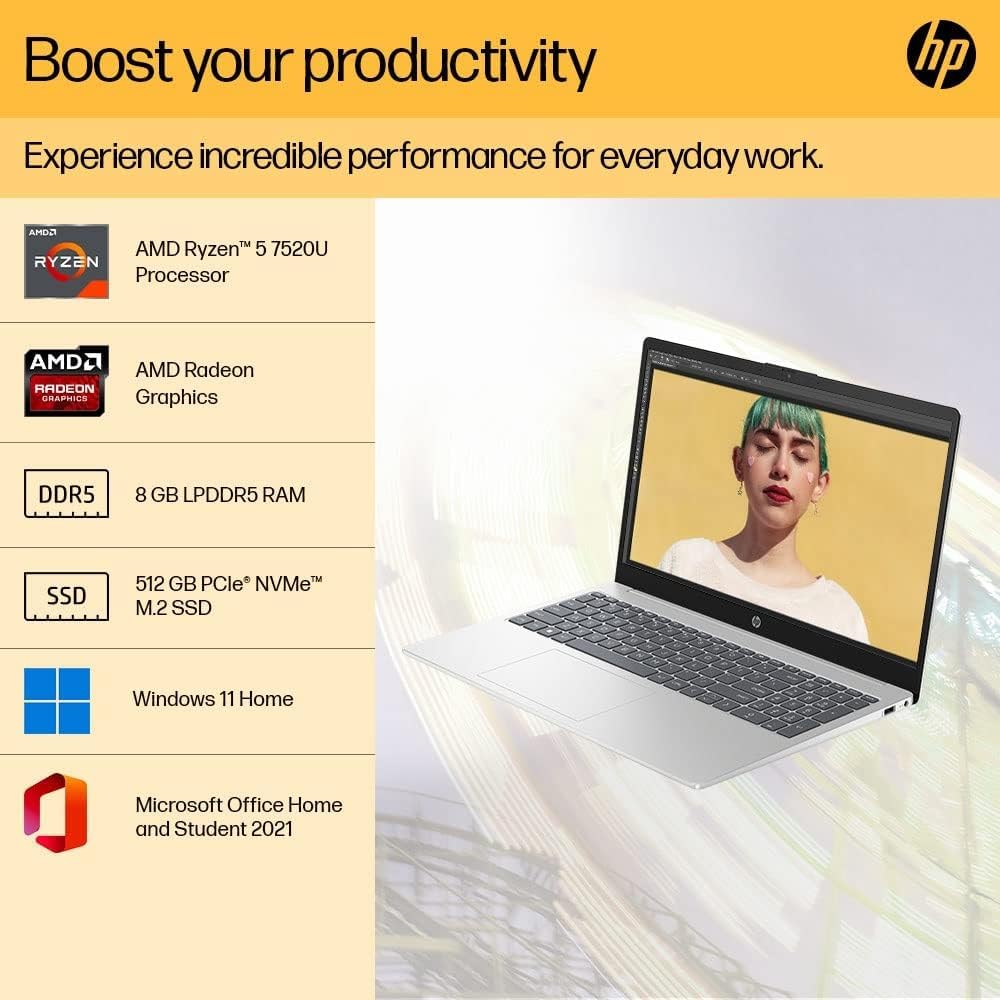 HP Laptop 15, AMD Ryzen 5 7520U, 15.6-inch (39.6 cm), FHD, 8GB LPDDR5, 512GB SSD, AMD Radeon Graphics, FPR, FHD Camera w/Privacy Shutter, Backlit KB (Win 11, MSO 2021, Silver, 1.6 kg), 15-fc0029AU//
