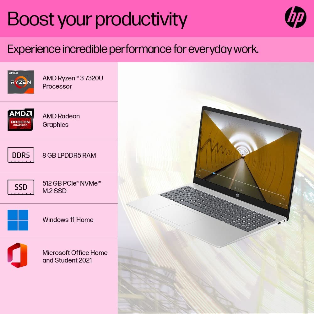 HP 15, AMD Ryzen 3 7320U, 8GB LPDDR5, 512GB SSD, (Win 11, Office 21, Silver, 1.6kg), Anti-Glare, 15.6-inch(39.6cm), FHD Laptop, AMD Radeon Graphics, 1080p FHD Camera, Dual Speakers, fc0025AU