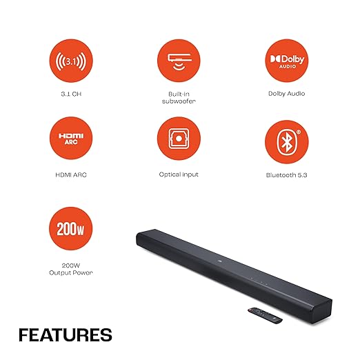 JBL Cinema SB510, Dolby Audio Soundbar with Built-in Subwoofer, 3.1 Channel, Center Channel for Superior Voice Clarity, HDMI eARC, Bluetooth & Optical Connectivity (200W) - Zapnet.in