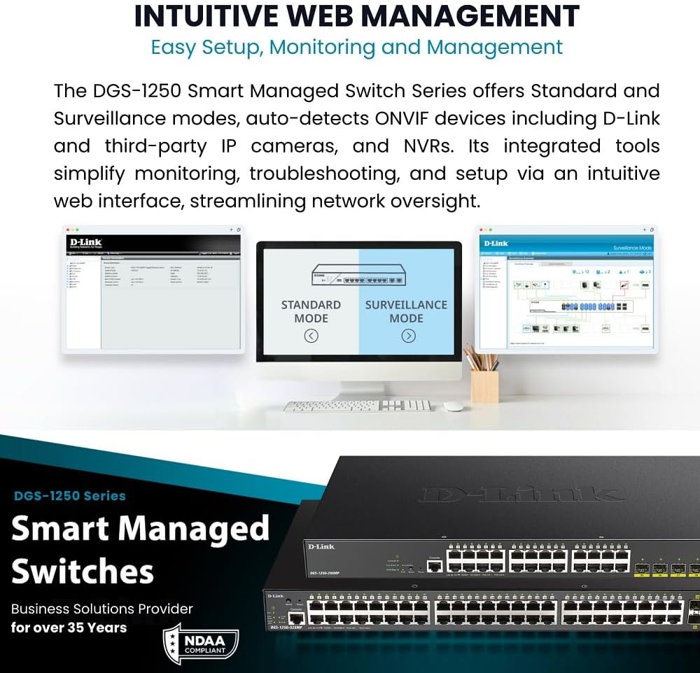 D-Link 52-Port Gigabit Smart Managed Switch | 48 Gigabit Ports + 4 10G SFP+ Ports| L2+/L3 Lite |VLANs |Web Managed |Surveillance Mode | Rackmount | NDAA Compliant (DGS-1250-52X-6KV)