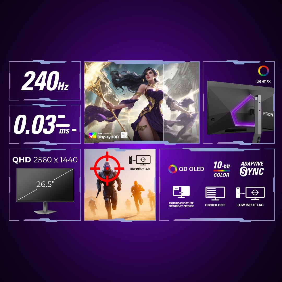 AOC AG276QZD2 27" QHD QD-OLED Gaming Monitor, 240Hz, 0.03ms GtG, HDR TrueBlack 400, USB Hub, Light FX Illumination Effects at Back Panel, Esports Design, Height Adjustable Stand, Speakers
