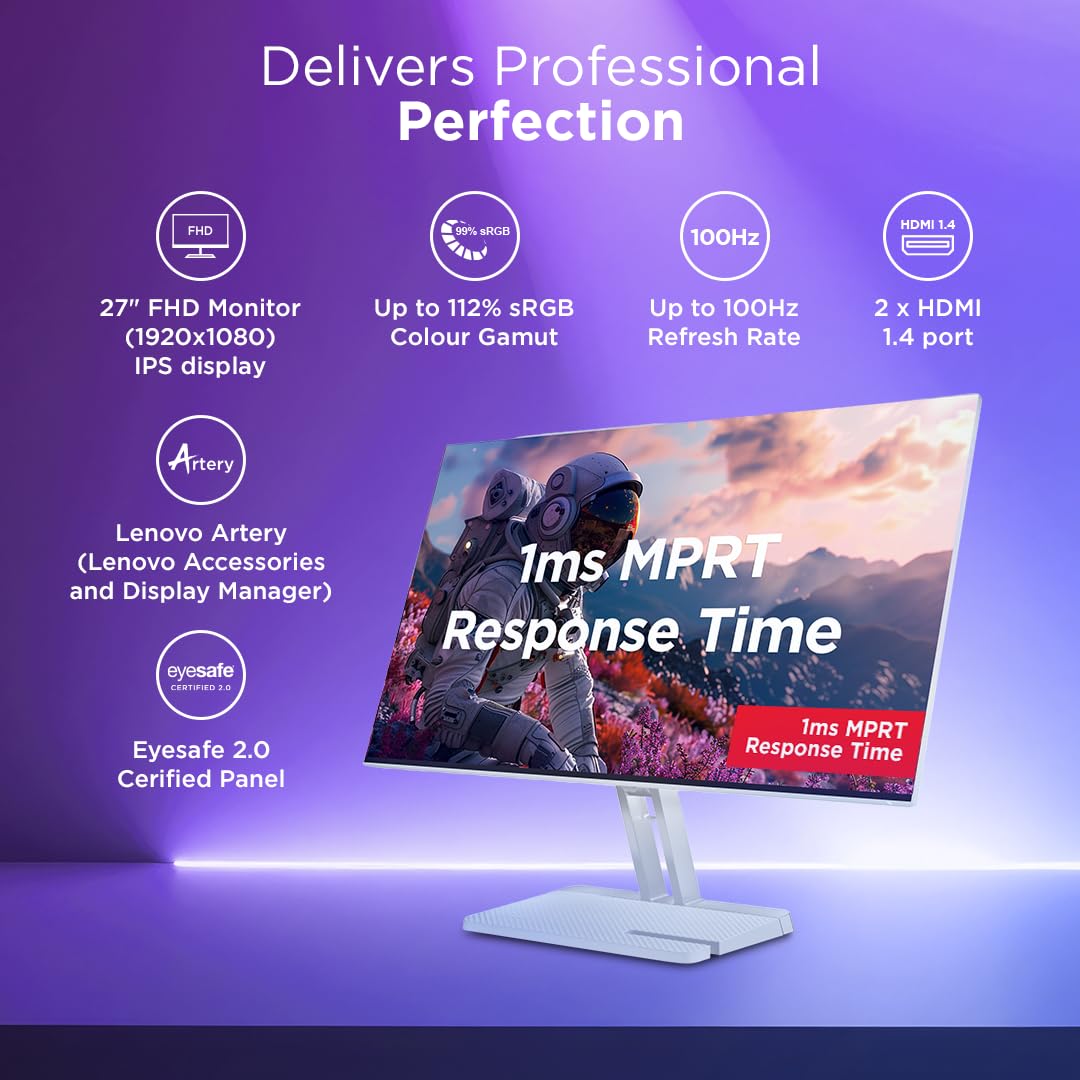 Lenovo L27i-4A, 27 inch (68.5cm), IPS, FHD 1920x1080, 100Hz, Cloud Grey, 1ms, FreeSync, 99% sRGB, 3Wx2 Speakers, Smart Display Customization Artery, 2X HDMI 1.4, VGA, Tilt Monitor