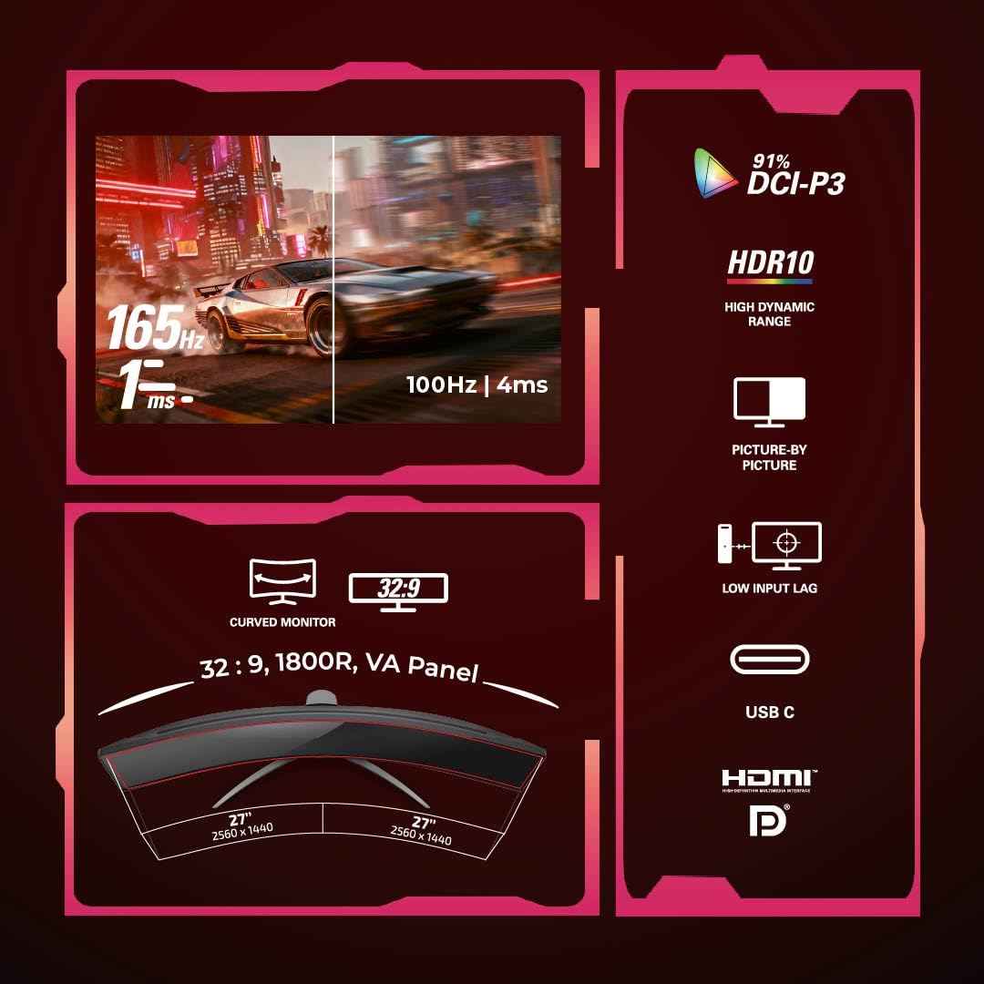 AOC AG493UCX2 48.8″ Curved Gaming Monitor - Black | Dual-QHD 5120×1440 (32:9) |165Hz Refresh |1ms MPRT, FreeSync Premium | DisplayHDR400 | USB-C & KVM | UltraWide VA Panel