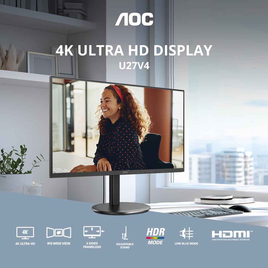 AOC U27V4 27" Ultra HD 4K Monitor, IPS Display, Flicker-Free, Low Blue Light, HDR Mode, Adaptive Sync, Dual HDMI 2.0 Port, Built-in Speakers, 350nits Brightness, Screen Shield, Height Adjustable Stand