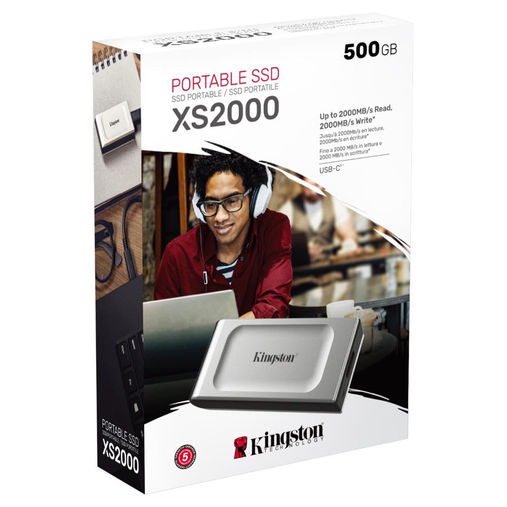 Kingston Xs2000 500G High Performance, Read/Write Speeds Up to 2,000Mb/S, Pocket-Sized External Portable Ssd Sxs2000/500G, Silver, Usb3.2_Gen_2_X_2