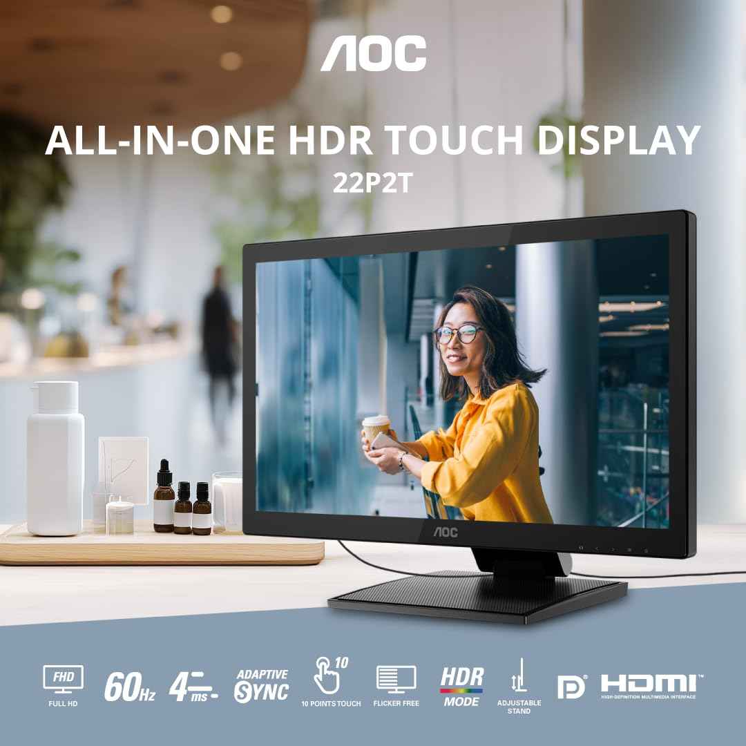 AOC 22P2T 21.5" FHD VA Touch Monitor, 10-Point Capacitive Touchscreen, 75Hz, HDMI/DP/DVI Ports, USB 3.2 Fast Charge, HDR Mode, Built-in Speakers, IP65 Water & Dustproof, Eye Care, Z-Stand