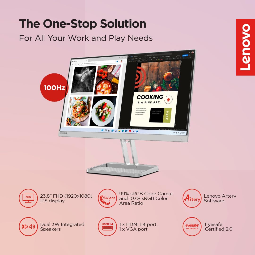 Lenovo L-Series 60.45cm (24 inch) | FHD IPS Ultraslim Monitor | 100Hz, 99% sRGB, HDMI, Tilt Stand, 2x3W Speakers, Smart Display Customization Artery, Home & Office Use, Grey, L24i-40
