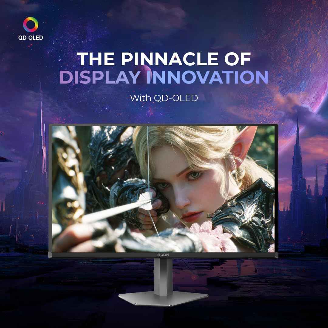 AOC AG276QZD2 27" QHD QD-OLED Gaming Monitor, 240Hz, 0.03ms GtG, HDR TrueBlack 400, USB Hub, Light FX Illumination Effects at Back Panel, Esports Design, Height Adjustable Stand, Speakers
