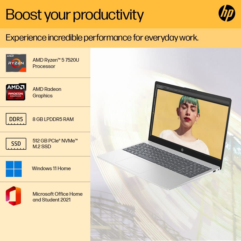 (Refurbished) HP Laptop 15, AMD Ryzen 5 7520U, 15.6-inch (39.6 cm), FHD, 8GB LPDDR5, 512GB SSD, Thin & Light, AMD Radeon Graphics, Backlit KB, Dual Speakers (Win 11, MSO 2021, Silver, 1.59 kg), fc0028AU