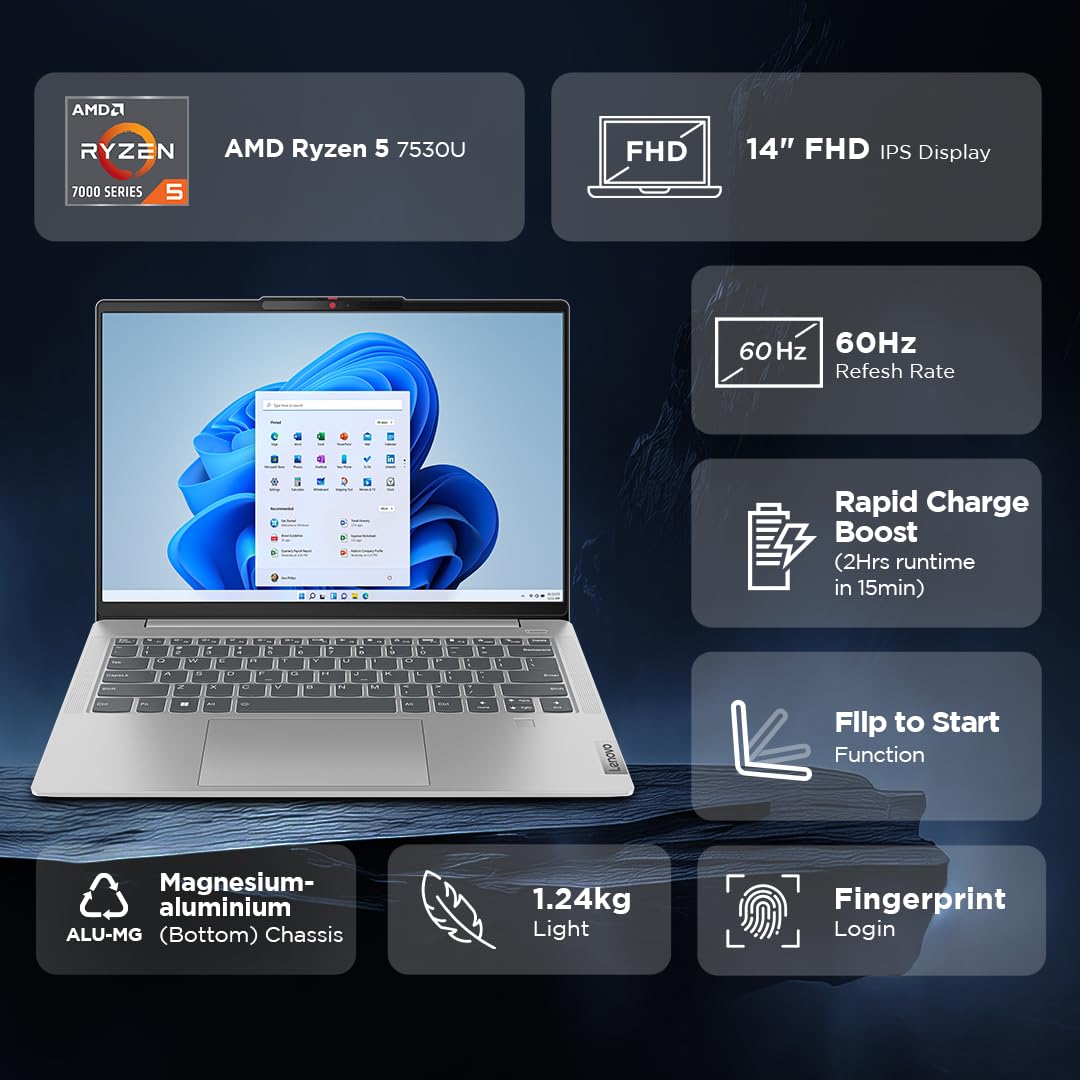 Lenovo Ideapad Slim 5 Light Ryzen 5 7530U 14" (35.5Cm) AMD FHD IPS 300 Nits Thin & Light Laptop (16GB/512GB SSD/Win 11/MSO 21/Backlit KB/FHD Camera/Alexa/3 Month Game Pass/Grey/1.24Kg), 82XS002RIN