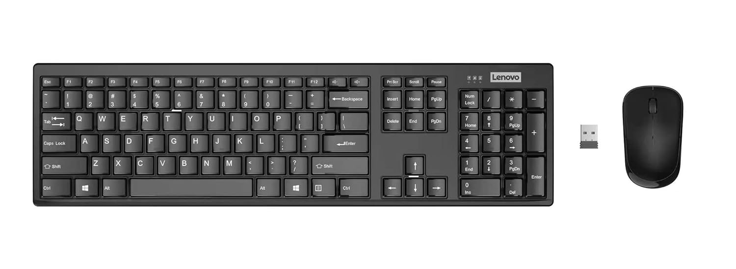 Lenovo 100 Wireless Keyboard and Mouse Set, Ambidextrous 1000 DPI Mouse Optical Sensor, upto 3M clicks, Ultra slim water resistant keyboard, 2.4 GHz Wireless Nano USB, upto 1yr battery life GX30L66303