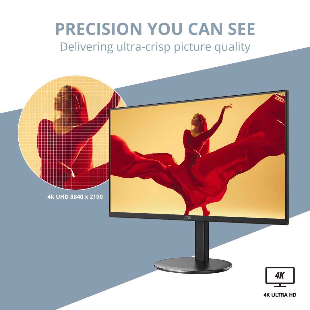 AOC U27V4 27" Ultra HD 4K Monitor, IPS Display, Flicker-Free, Low Blue Light, HDR Mode, Adaptive Sync, Dual HDMI 2.0 Port, Built-in Speakers, 350nits Brightness, Screen Shield, Height Adjustable Stand