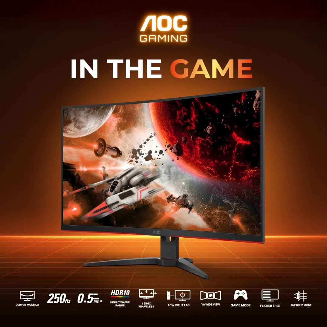 AOC C32G2ZE2 32" FHD 1500R Curved Gaming Monitor, 250Hz Refresh Rate, 0.5ms Response, HDR10, Adaptive Sync, VA Panel, Low Input Lag, HDMI/DP, Frameless Design, Flicker-Free, Low Blue Mode