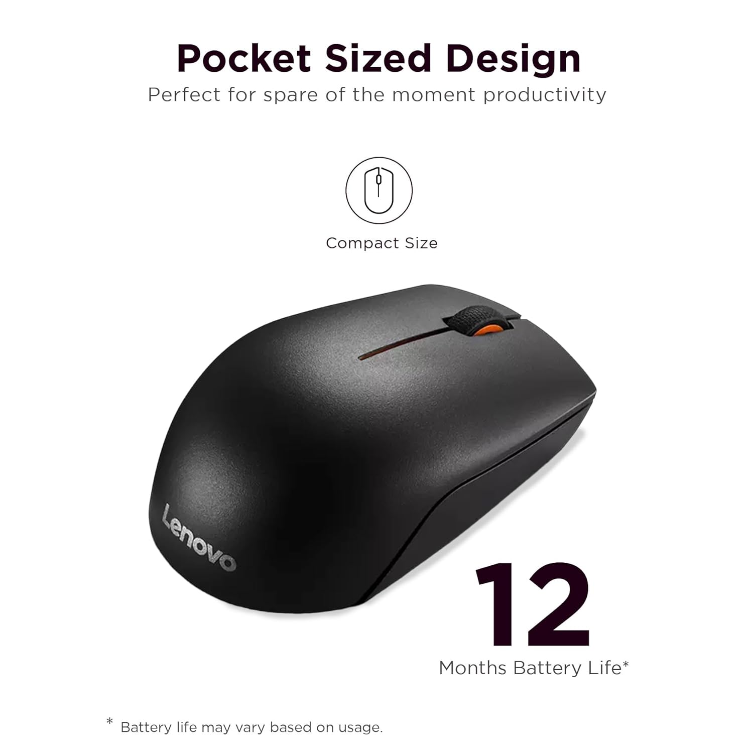 Lenovo 300 Wireless Compact Mouse, 1000 DPI Optical sensor, 2.4GHz Wireless Nano USB, 10m range, 3-button(left,right,scroll) upto 3M left/right clicks & 1yr battery, Ambidextrous, Ergonomic GX30K79401