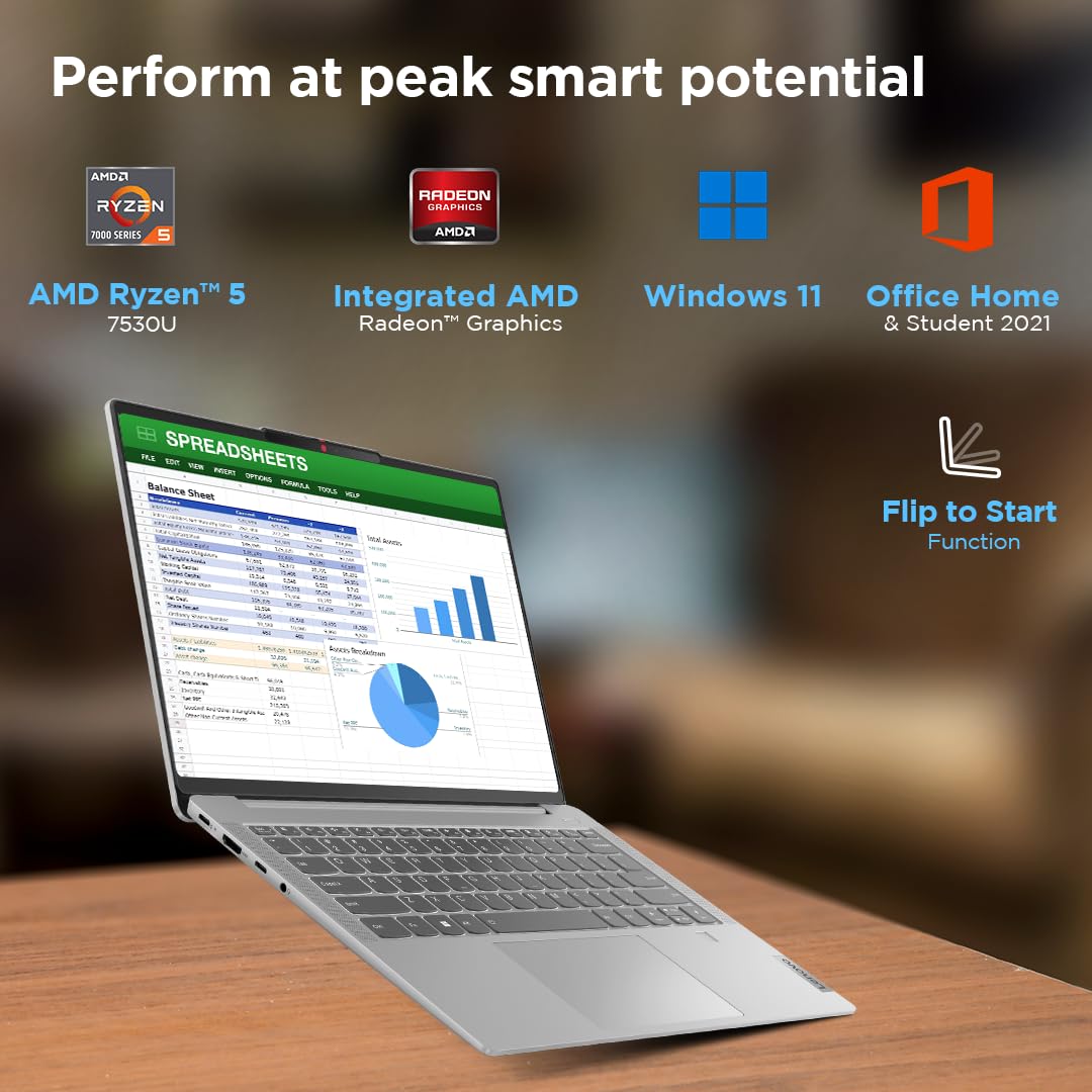 Lenovo Ideapad Slim 5 Light Ryzen 5 7530U 14" (35.5Cm) AMD FHD IPS 300 Nits Thin & Light Laptop (16GB/512GB SSD/Win 11/MSO 21/Backlit KB/FHD Camera/Alexa/3 Month Game Pass/Grey/1.24Kg), 82XS002RIN