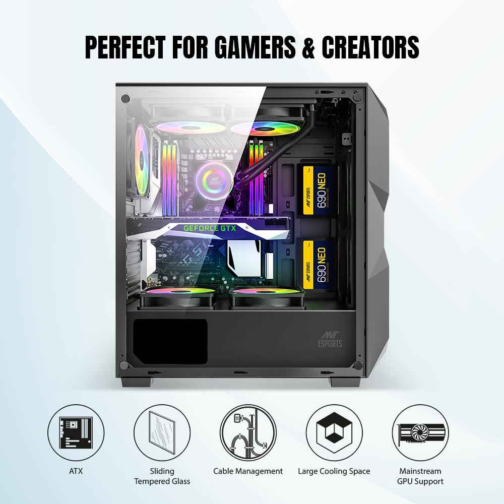 Ant Esports ICE-300 Mesh V2 Mid Tower Gaming Cabinet | High Airflow Mesh Front Panel | 4 Pre-Installed 120mm ARGB Fans | ATX, Micro-ATX, Mini-ITX Motherboard Support | Liquid Cooling Ready (Black)