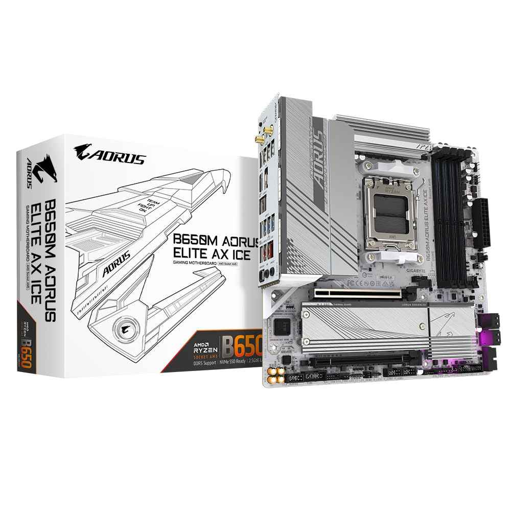 GIGABYTE B650M Aorus Elite AX ICE Micro-ATX Motherboard – AM5 Socket, Ryzen 7000/8000/9000 Support, DDR5, PCIe 5.0 M.2, Wi-Fi 6E, 2.5GbE LAN, USB-C, Smart Fan 6, Q-Flash Plus