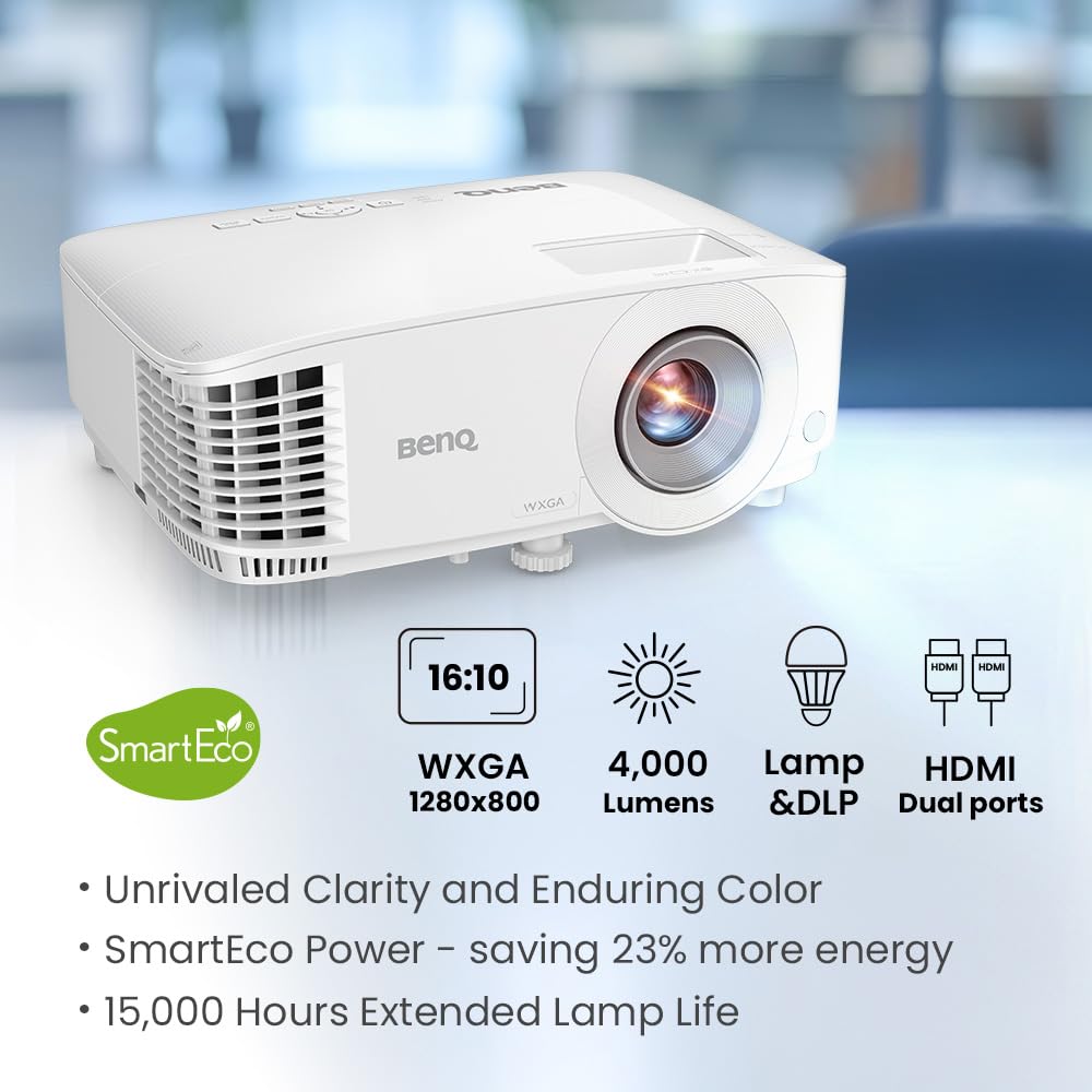 BenQ Wxga Business Projector(Mw560)- Dlp-4,000 Lumens High Brightness-20,000:1 High Contrast Ratio-Dual Hdmi,Vga-Auto Keystone Correction-Simple Setup-Smarteco Technology,White