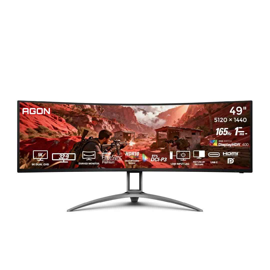AOC AG493UCX2 48.8″ Curved Gaming Monitor - Black | Dual-QHD 5120×1440 (32:9) |165Hz Refresh |1ms MPRT, FreeSync Premium | DisplayHDR400 | USB-C & KVM | UltraWide VA Panel