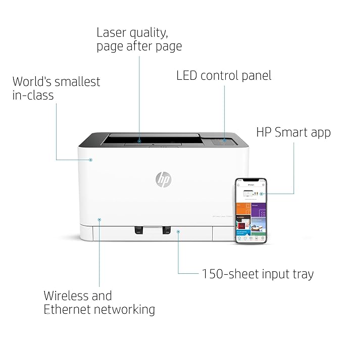 HP Colour Laser 150Nw Wireless Color Laser Printer with Built-in Ethernet and WiFi-Direct, Smallest Color Laser in Its Class, White - Zapnet.in