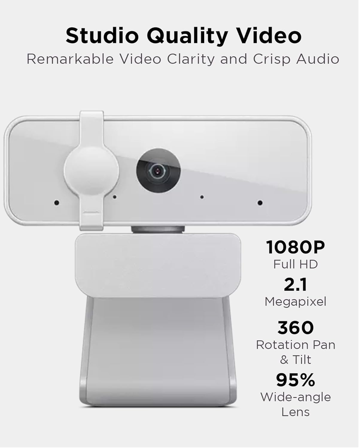 Lenovo 300 FHD Webcam with Full Stereo Dual Built-in Mics | FHD 1080P 2.1 Megapixel CMOS Camera with USB |Ultra-Wide 95° Lens, 4X Digital Zoom | 360 Rotation | Flexible Mount | Cloud Grey