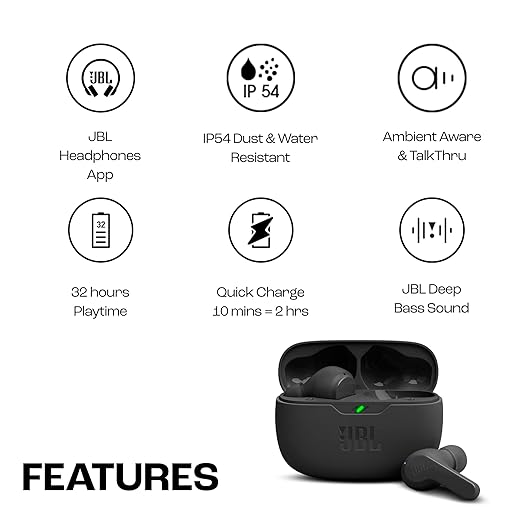 JBL Wave Beam in-Ear Wireless Earbuds (TWS) with Mic,App for Customized Extra Bass Eq,32 Hours Battery&Quick Charge,Ip54 Water&Dust Resistance,Ambient Aware&Talk-Thru,Google Fastpair (Black) - Zapnet.in