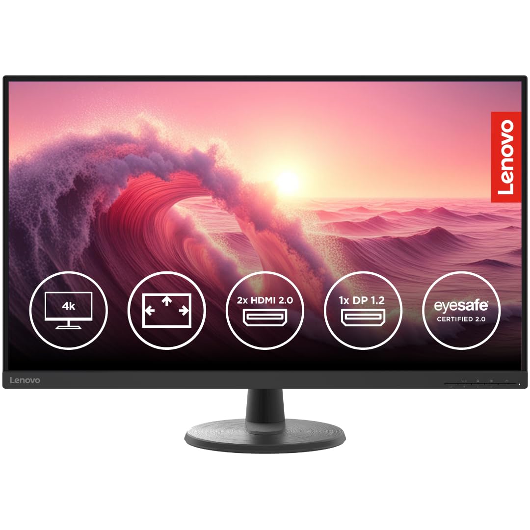 Lenovo D-Series 32 Inch (80Cm), LCD 3840X2160 Pixels 4K Monitor | 60Hz, 72% NTSC, 4Ms, 2Xhdmi 2.0, DP 1.2, Tilt Stand, VESA Mount: for Home & Office Use, 3 Year Warranty, Black, D32U-40