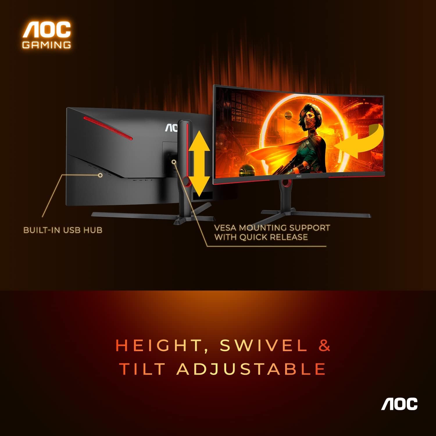 AOC CU34G3S/BK 34'' Gaming Monitor 3440x1440 WQHD, 1000R Curve, 165Hz, 1.0ms MPRT, FreeSync Premium, Adjustable Stand, 3-Sided Frameless, Low Blue Mode, Built-in Speakers, USB, Multiview (PIP,PBP)