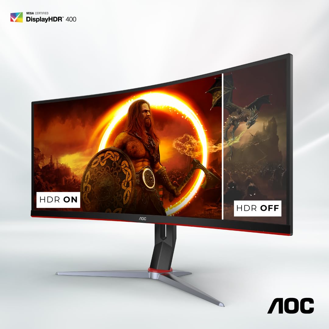 AOC CU34G2XP/BK, 34'' Ultrawide 1500R Curved Gaming Monitor offering WQHD Resolution, 180Hz Refresh Rate, 1.0ms GTG, FreeSync Premium, Display HDR 400, Height Adjustable Stand, Multiview (PIP,PBP)