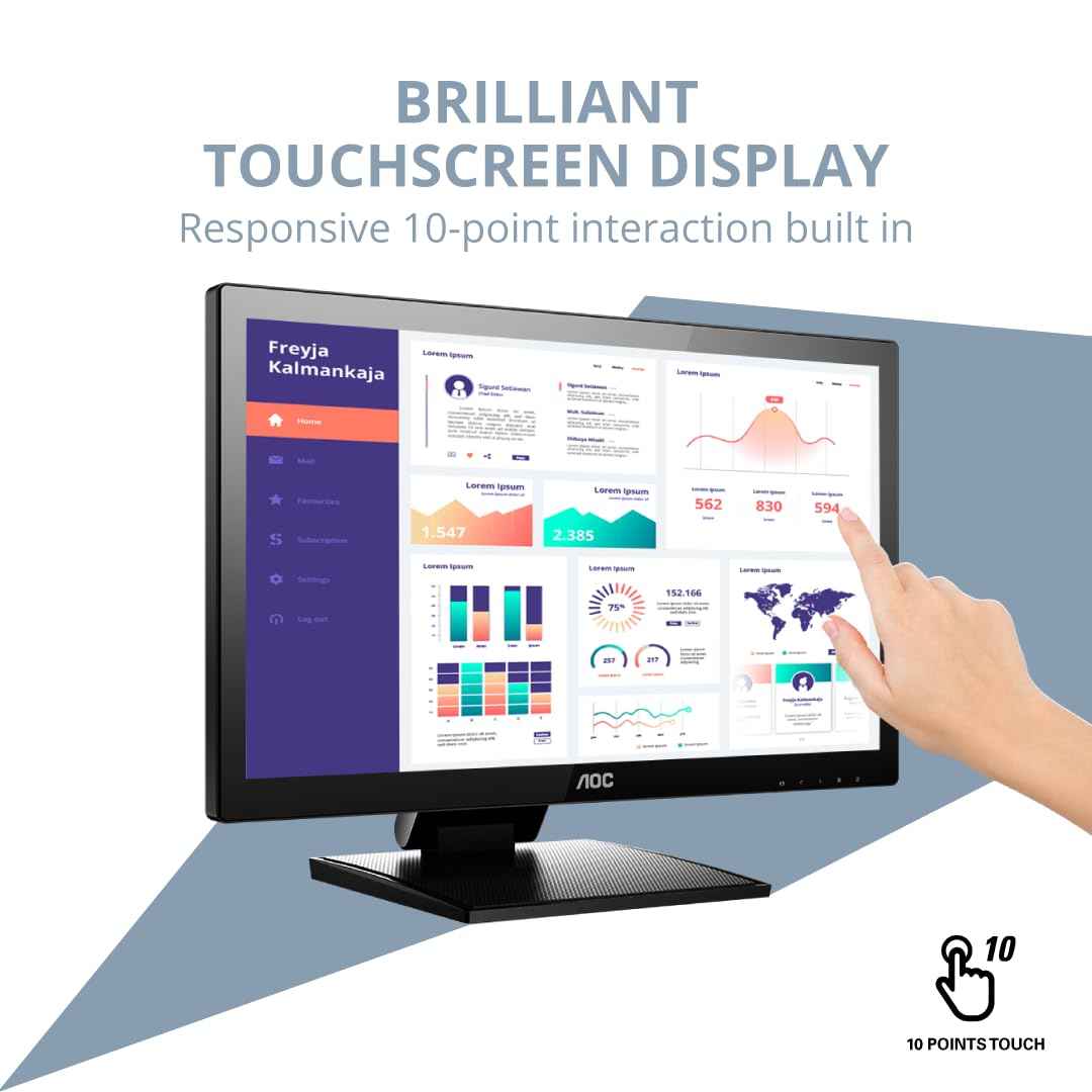 AOC 22P2T 21.5" FHD VA Touch Monitor, 10-Point Capacitive Touchscreen, 75Hz, HDMI/DP/DVI Ports, USB 3.2 Fast Charge, HDR Mode, Built-in Speakers, IP65 Water & Dustproof, Eye Care, Z-Stand