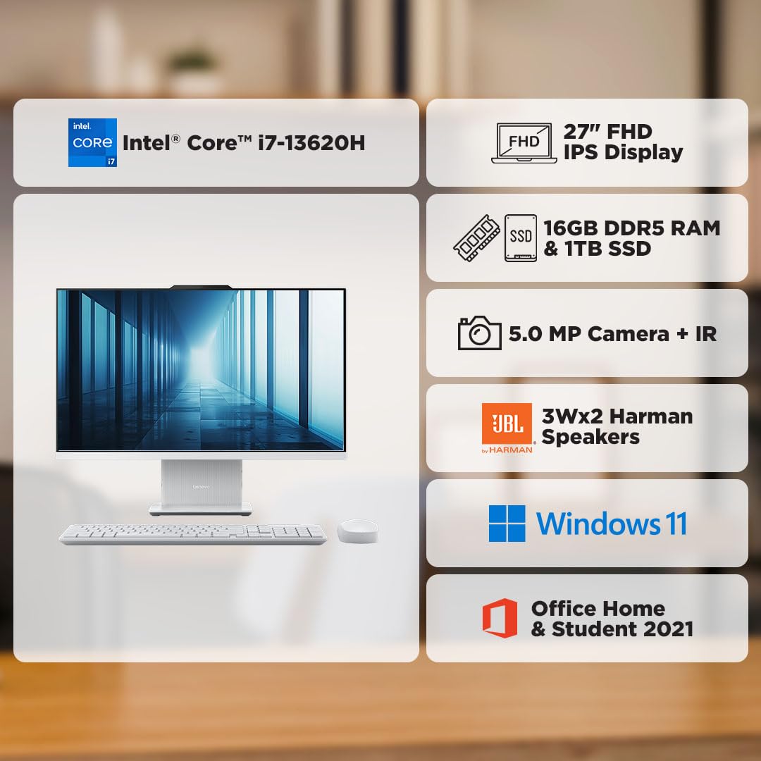 Lenovo IdeaCentre AIO Intel Core i7 13620H 27" FHD IPS 3-Side Edgeless All-in-One Desktop (16GB/1TB SSD/Win11/Office 21/5.0MP+IR Camera/3Wx2 Harman Speakers/Wireless EOS Keyboard & Mouse), F0HM003EIN