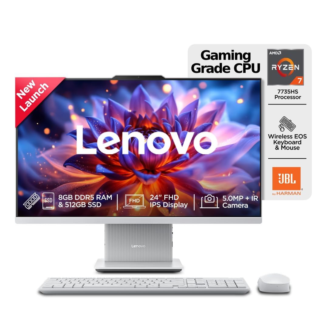 Lenovo IdeaCentre AIO 3 Ryzen 5 7430U 23.8" FHD IPS 3-Side Edgeless All-in-One Desktop with Alexa Built-in (8GB/512GB SSD/Win11/MSO 21/3Wx2 Speakers/HD Camera/USB Calliope Keyboard & Mouse) F0G1013EIN