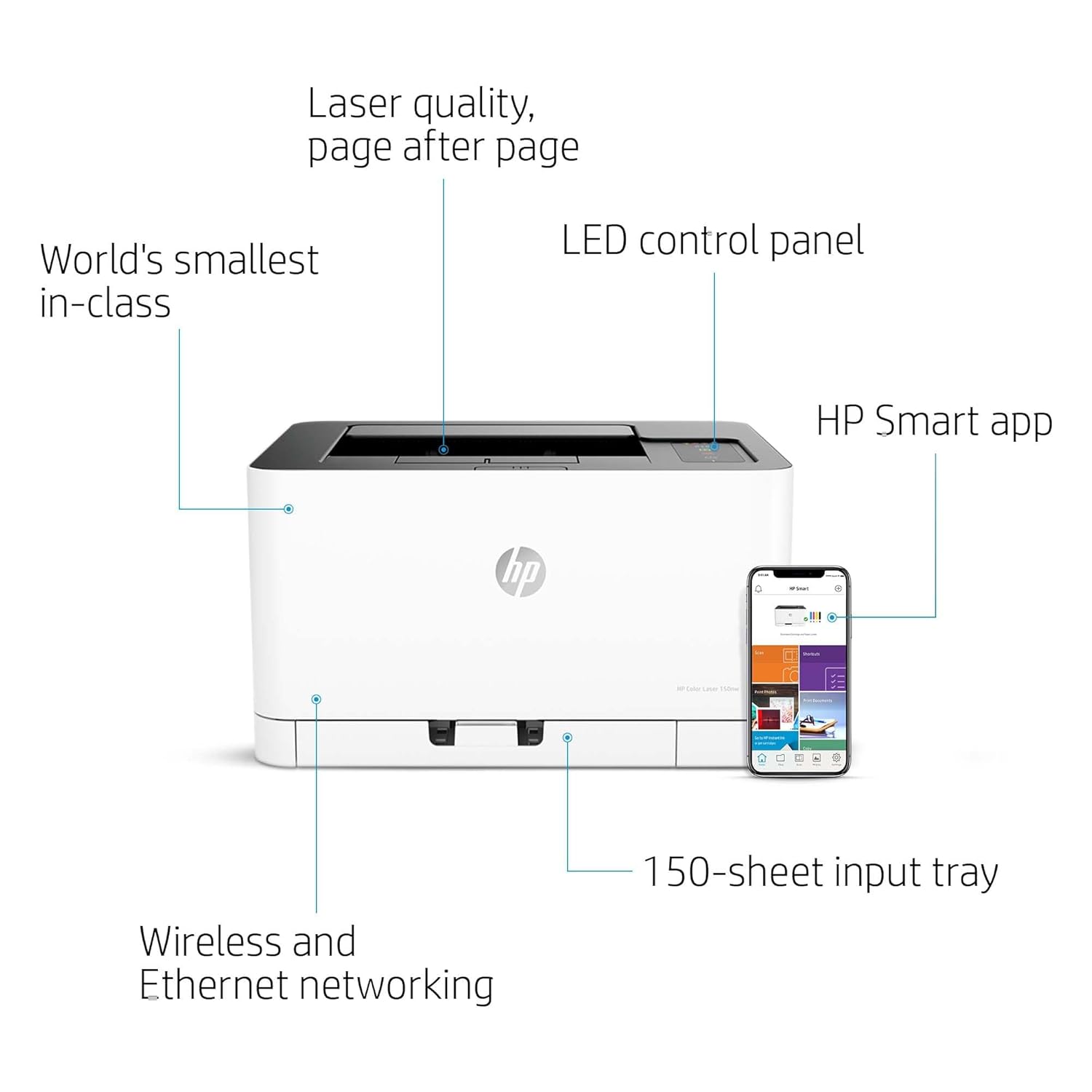 HP Colour Laser 150Nw Wireless Color Laser Printer with Built-in Ethernet and WiFi-Direct, Smallest Color Laser in Its Class, White - Zapnet.in