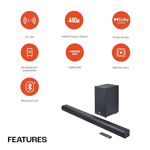 JBL Cinema SB590 Deep Bass, Dolby Atmos Soundbar with Wireless Subwoofer for Extra Deep Bass, 3.1 Channel, Center channel for superior voice clarity, HDMI eARC, Bluetooth & Optical Connectivity (440W) - Zapnet.in