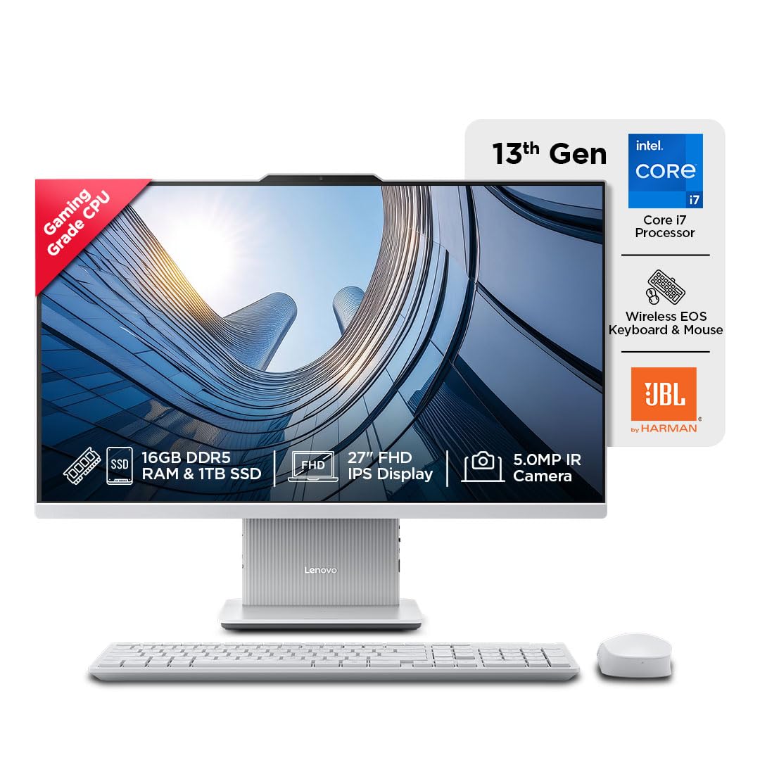 Lenovo IdeaCentre AIO Intel Core i5 13420H 27" FHD IPS 3-Side Edgeless All-in-One Desktop with Alexa Built-in (16GB/1TB SSD/Win11/Office 2021/5.0MP+IR Camera/Wireless EOS Keyboard & Mouse), F0HM003CIN